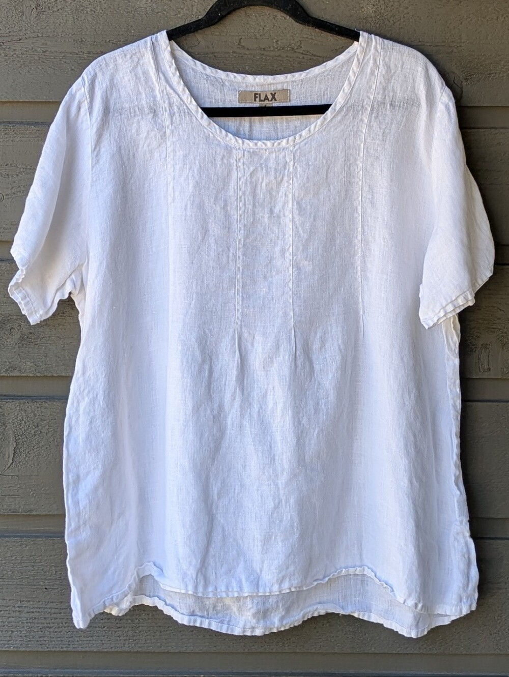 FLAX White Short-Sleeve 100% Linen Shirt Scoop Neck Size Large - Picture 7 of 7